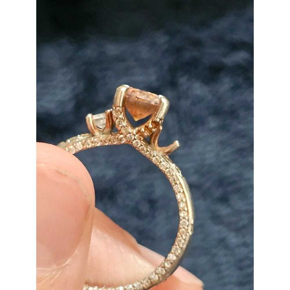 Peach Champagne Stone Three Stone Pavé Band Ring Size 7.75 Vintage Style